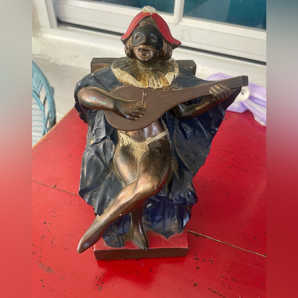 Antique Vintage Jester Musician Sculpture Book End
